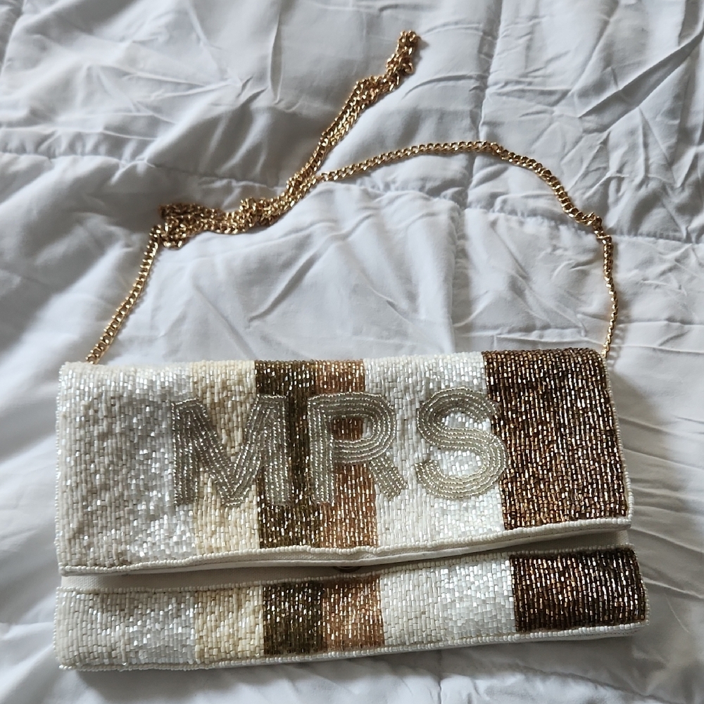 Bride's Beaded Clutch with Gold Chain